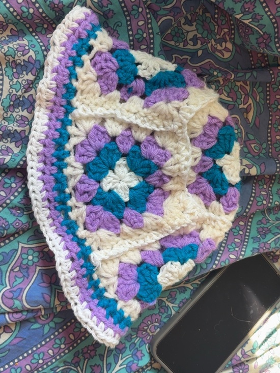 Home made Accessories - Crochet Granny Square Bucket Hat in Cream, Teal & Lavender+glow in dark